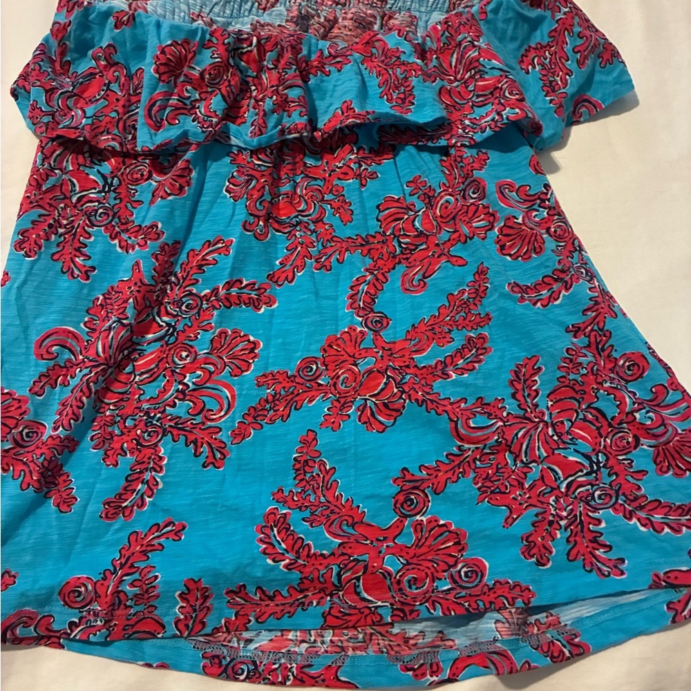 Lilly Pulitzer Blue and Red Floral Blouse Wiley xl Rhode Island coral reef